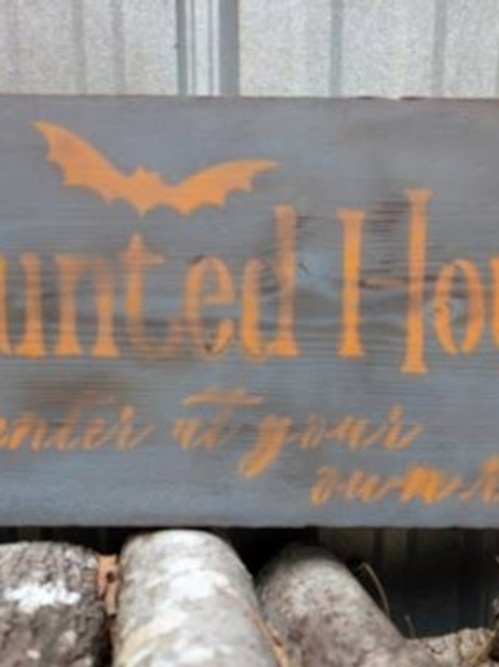 Rustic Orange and Gray 'Haunted House' Wood Sign by